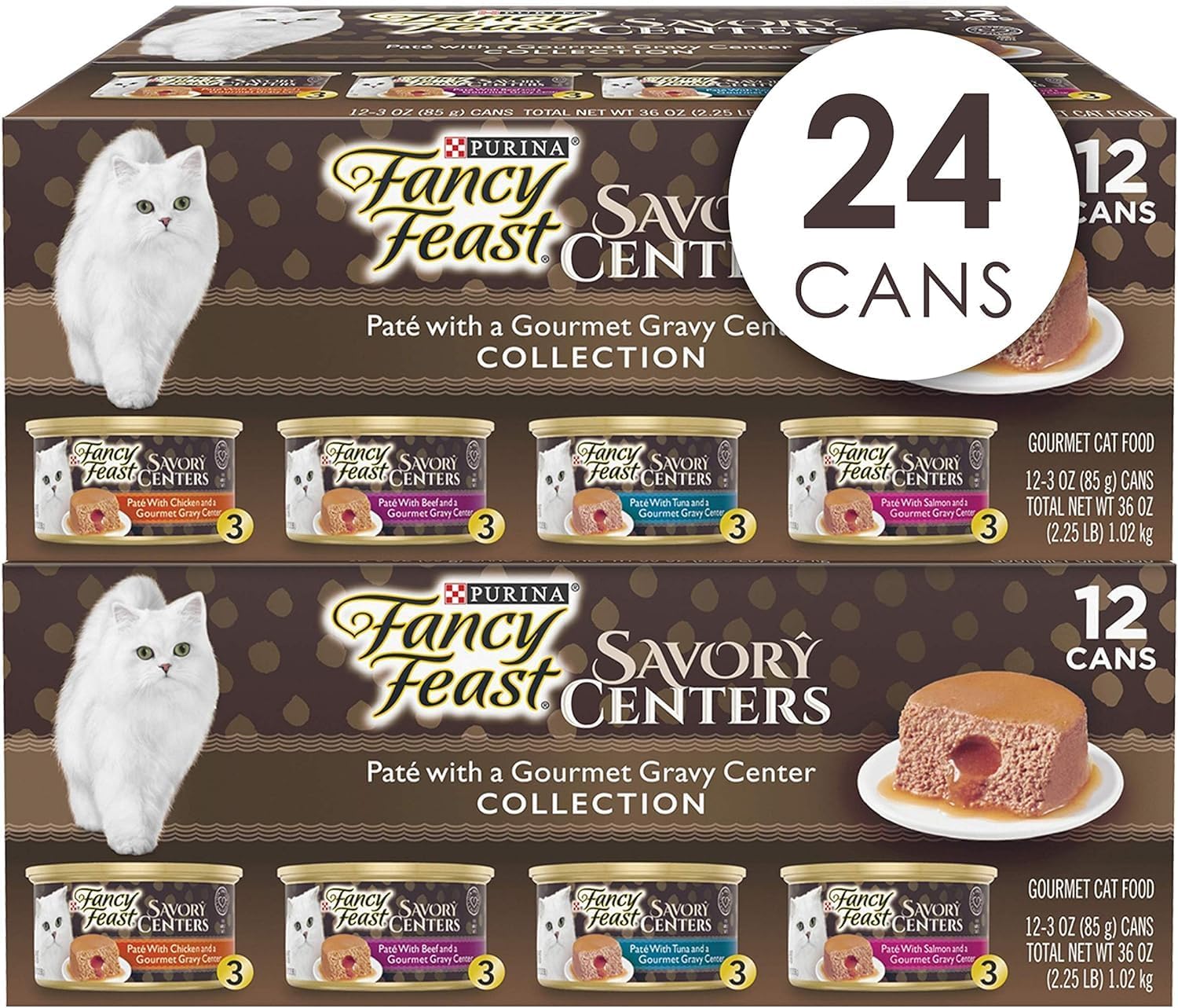 Purina Fancy Feast Pate Wet Cat Food Variety Pack, Savory Centers Pate With a Gravy Center - (2 Packs of 12) 3 oz. Pull-Top Cans