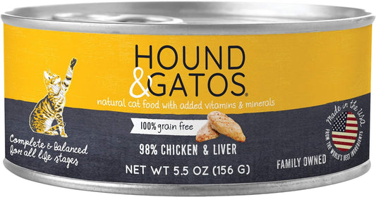 Hound & Gatos Wet Cat Food, 98% Chicken & Liver, case of 24, 5.5 oz cans