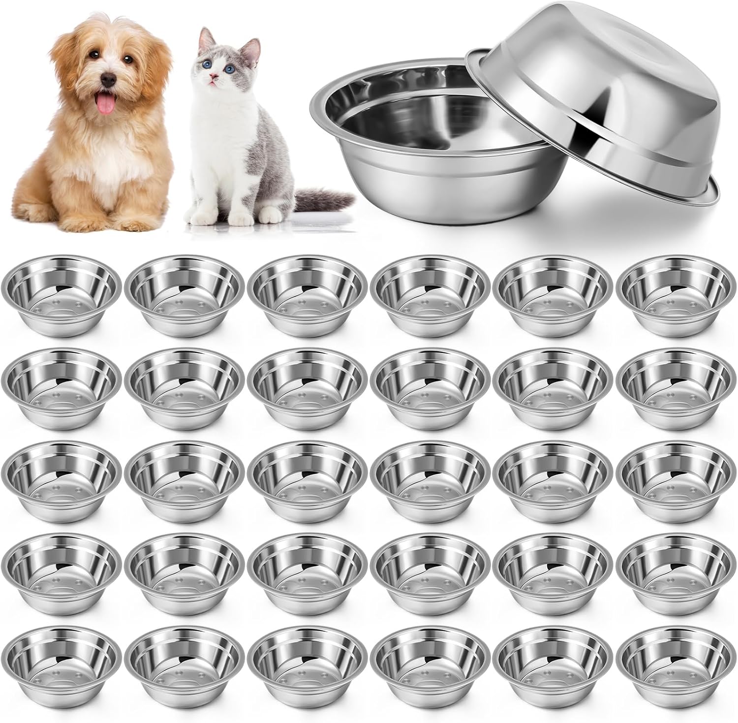 Zhehao 30 Pcs Stainless Steel Dog Bowls Bulk Small Metal Dog Food Water Bowl Replacement Dog and Cat Bowls Lightweight Pet Bowls for Cage Kennel and Crate (16 oz)