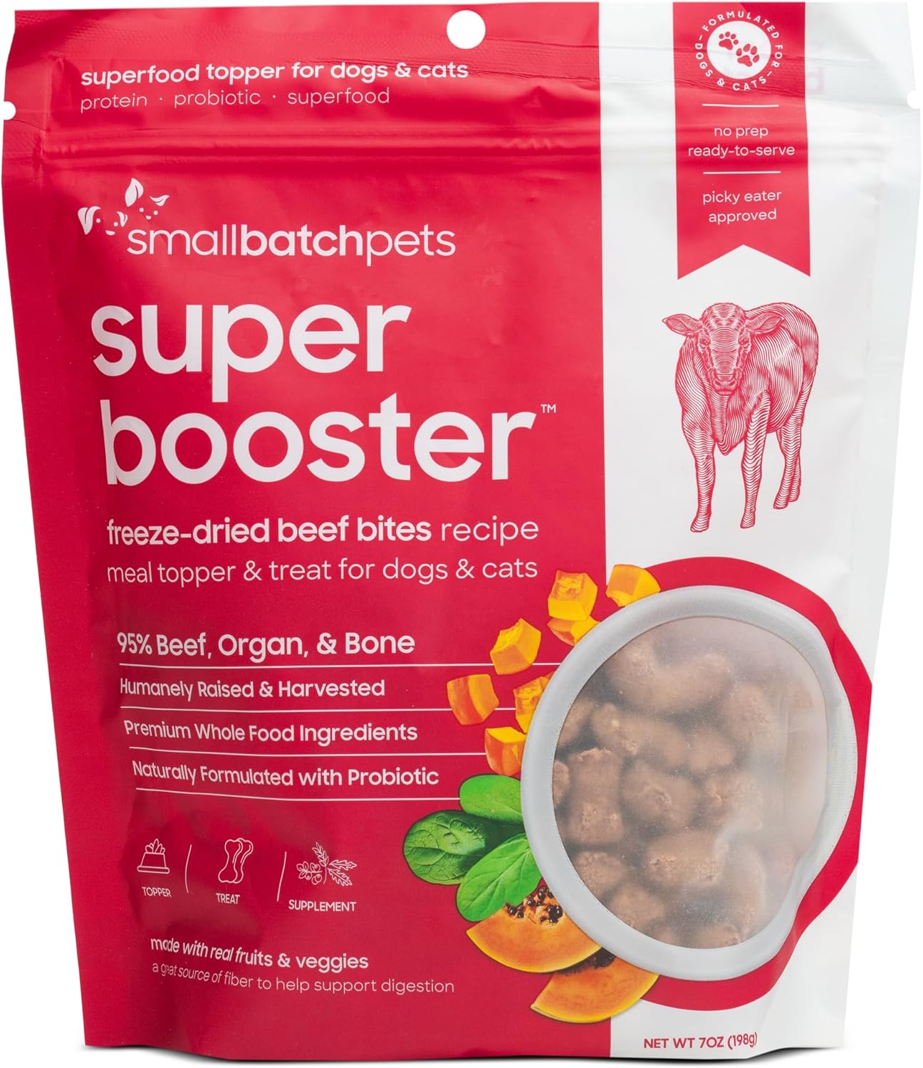 smallbatch Pets Freeze-Dried Super Booster Beef Bites for Dogs & Cats, 7 oz, Made in The USA, Organic Produce, Humanely Sourced Meat, Single Source Protein, Mixer & Topper, with Papaya and Probiotics