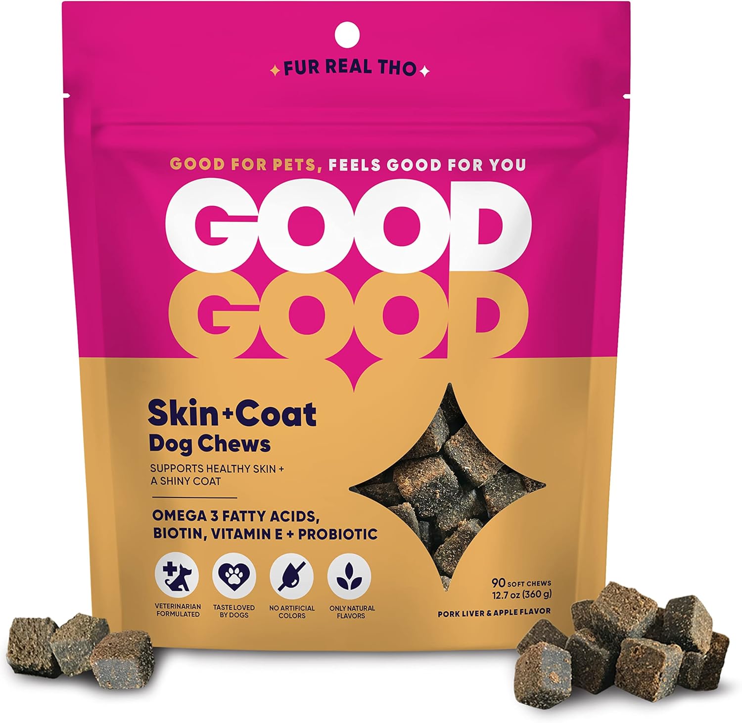 GoodGood Skin + Coat Dog Supplements; Supports Healthy Skin and a Shiny Coat; Chewable Soft Treats with Omega-3 Fatty Acids, and Vitamin E; Probiotics; 90 Natural Flavor Chews