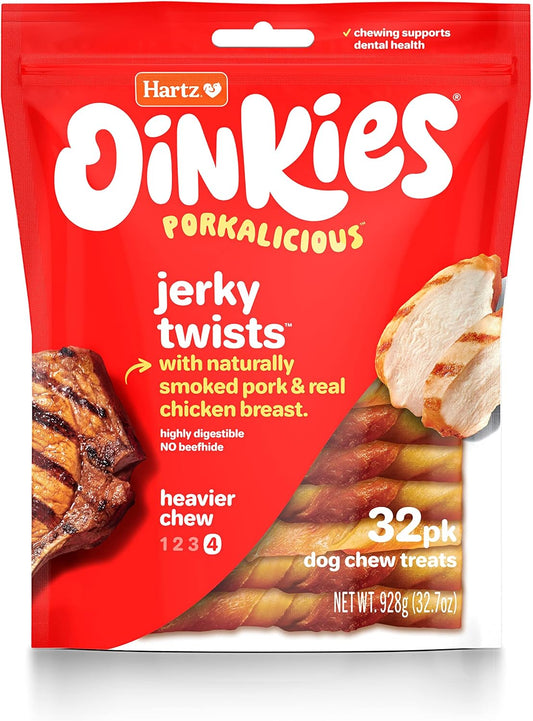 Hartz Oinkies Jerky Twists with Naturally Smoked Pork & Real Chicken Breast Dog Treats, Highly Digestible Long Lasting Dog Chews, 32 Count