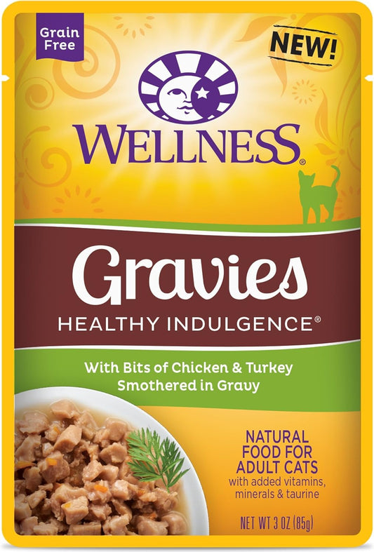 Wellness Healthy Indulgence Natural Grain Free Wet Cat Food, Gravies Chicken & Turkey, 3-Ounce Pouch (Pack Of 24)