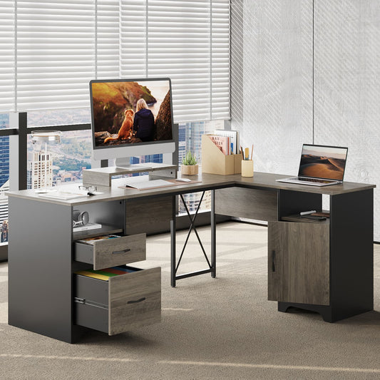 Bestier L Shaped Desk with File Drawers, 63" x 47" Gaming Computer Desk with Storage Cabinet for Home Office