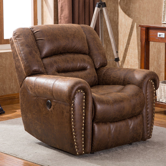 Bestier Oversized Vegan Leather Manual Power Recliner with Nailhead Trim and USB Port