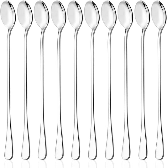 9 Inch Long Handle Iced Teaspoon, DaKuan Set of 10 Stainless Steel Iced Teaspoon for Iced Tea, Coffee, Cocktail, Milkshake, Cold Drink