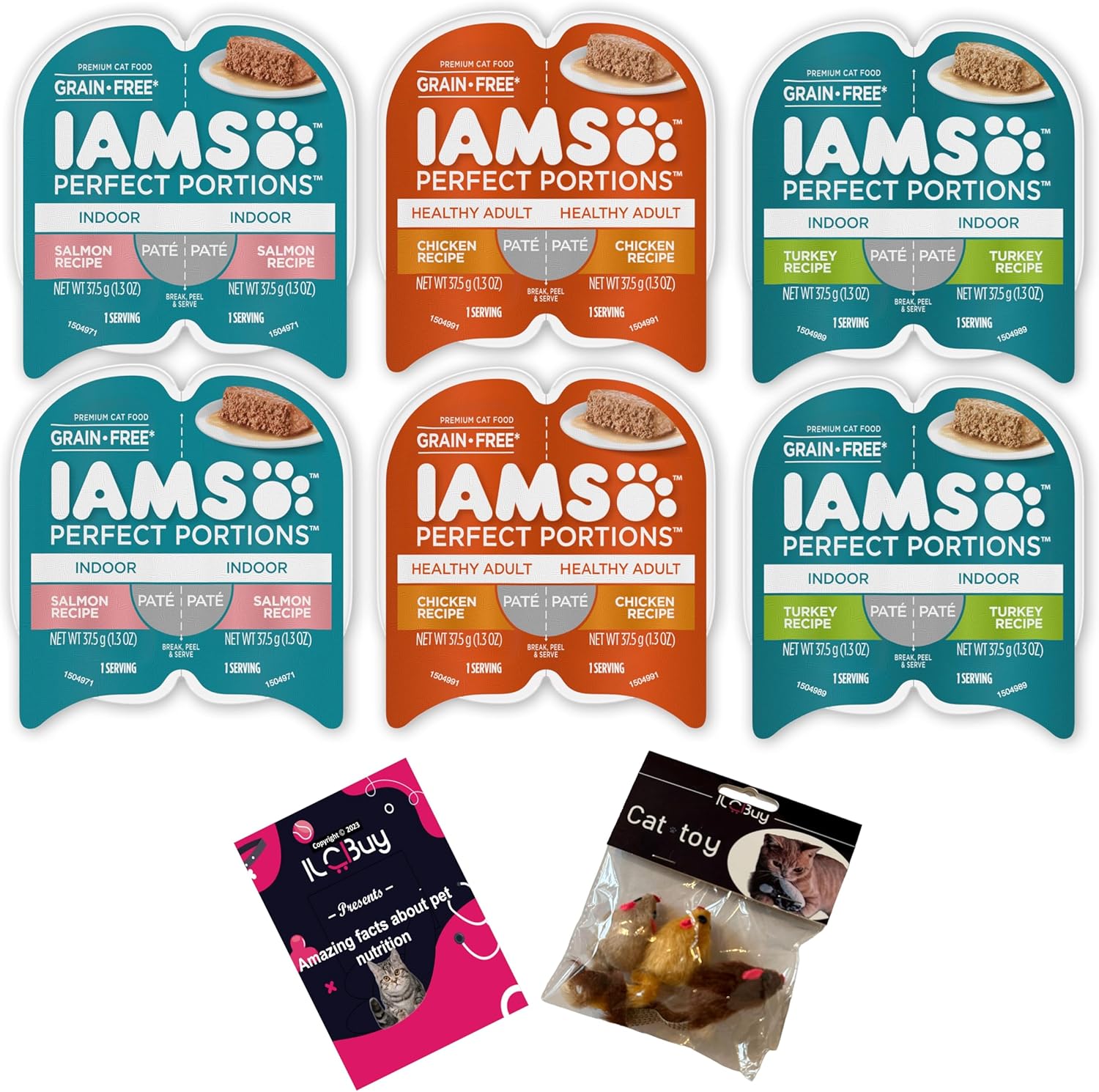 Iams Perfect Portions Grain Free Pate Wet cat Food Bundle Includes : 02 Salmon Recipe Indoor,02 Turkey Recipe Indoor and 02 Chicken Healthy Adult. (2.6 OZ Each) Plus Booklet Kit Mouse Toy.