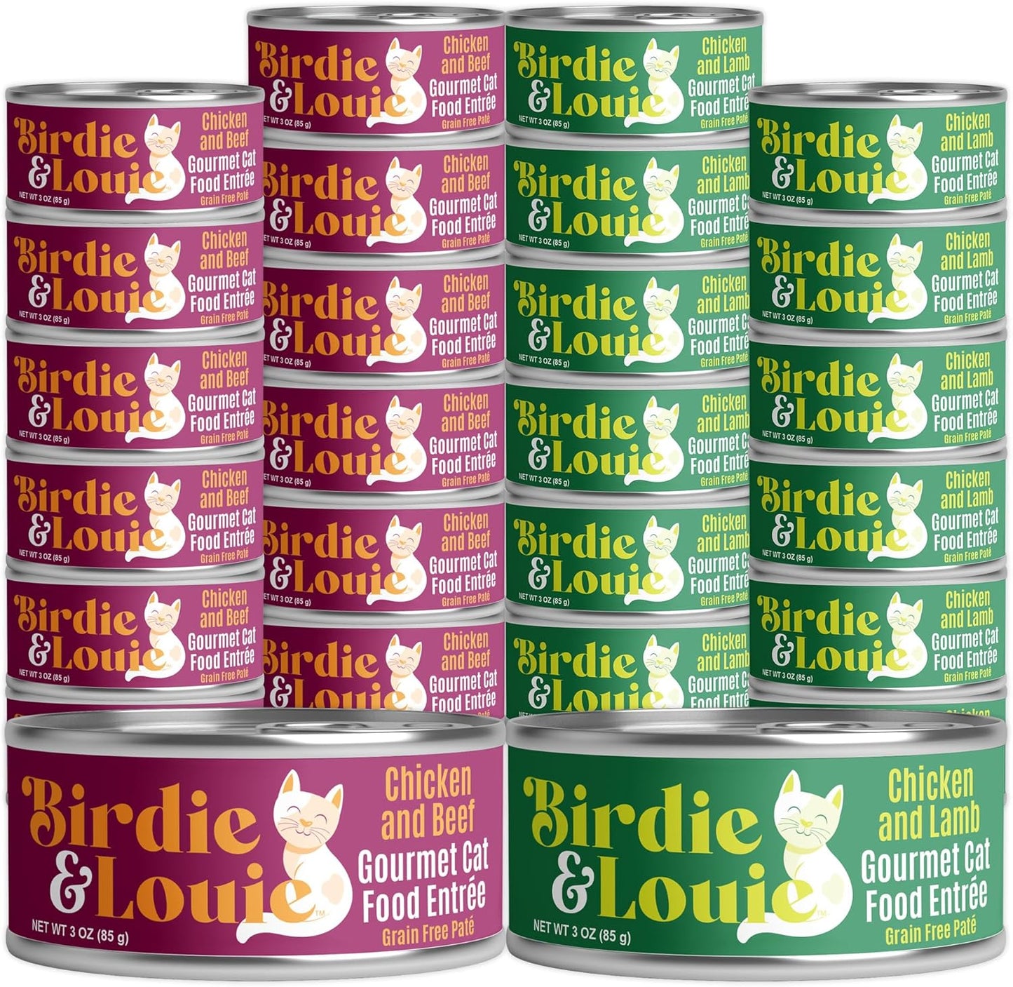 Birdie & Louie Wet Cat Food Variety Pack Chicken Pate | Chicken and Beef Pate 12 Cans, and Chicken and Lamb Pate 12 Cans | 3oz ea. | 24 Cans Total