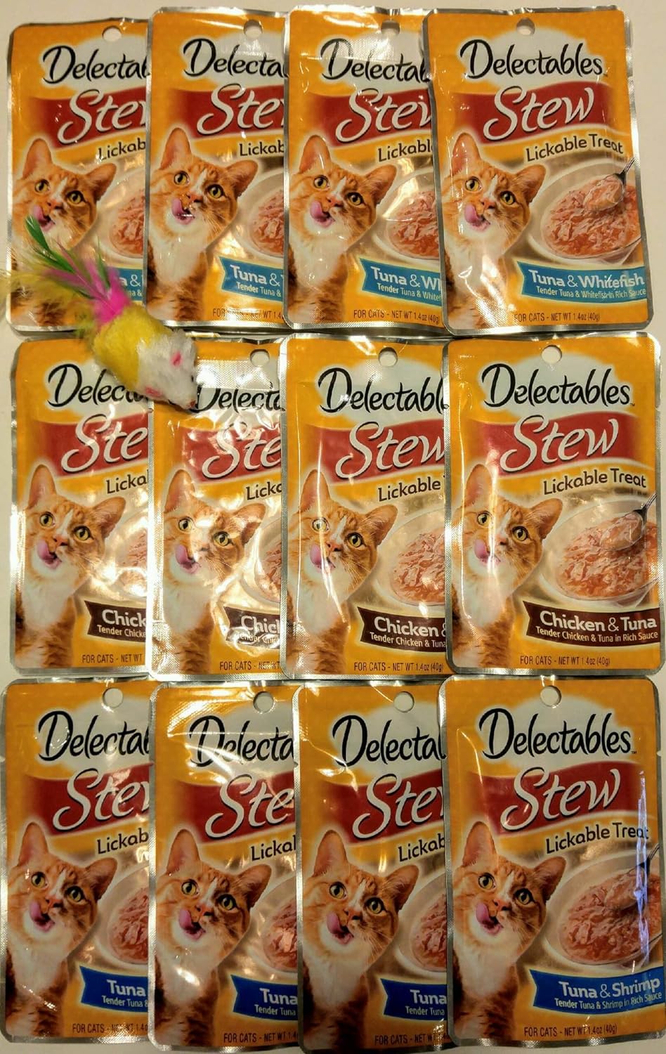 Stew Lickable Treats Variety Bundle Pack of 12. (4) Tuna & Whitefish, (4) Chicken & Tuna, (4) Tuna & Shrimp. 1.4 oz Each - Bonus Mouse Toy Included (Color May Vary)