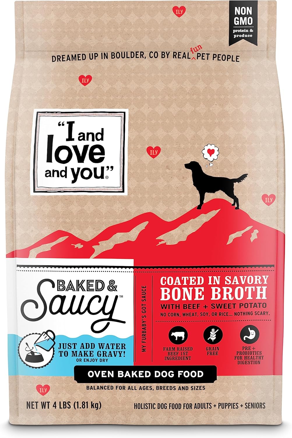 I AND LOVE AND YOU Baked and Saucy Dry Dog Food - Beef + Sweet Potato - Prebiotic + Probiotic, Real Meat, Grain Free, No Fillers, 10.25lb Bag