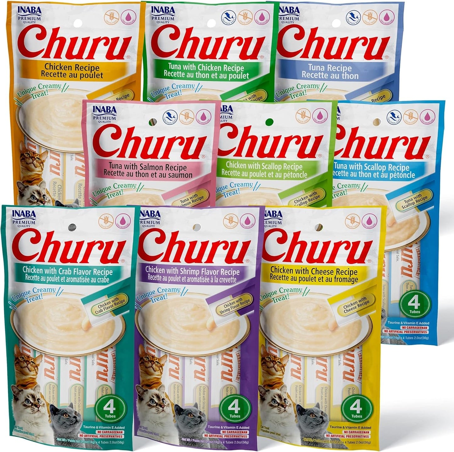 INABA Churu Cat Treats, Grain-Free, Lickable, Squeezable Creamy Purée Cat Treat\/Topper with Vitamin E & Taurine, 0.5 Ounces Each Tube, 36 Tubes (4 per Pack), 9 Flavor Variety