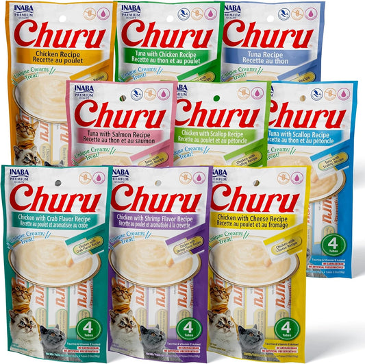 INABA Churu Cat Treats, Grain-Free, Lickable, Squeezable Creamy Purée Cat Treat\/Topper with Vitamin E & Taurine, 0.5 Ounces Each Tube, 36 Tubes (4 per Pack), 9 Flavor Variety