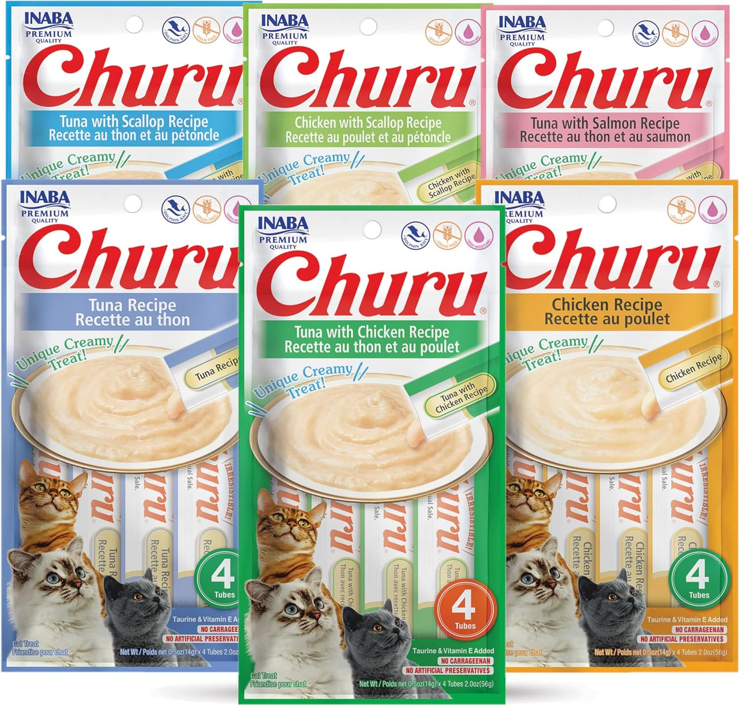 INABA Churu Lickable Purée Wet Treat for Cats - No Grains, No Preservatives, with Added Vitamin E and Green Tea - 6 Flavor Pack of 24 Tubes