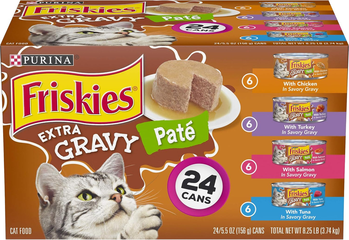 Purina Friskies Pate Wet Cat Food Variety Pack, Extra Gravy Pate Chicken, Turkey, Salmon & Tuna - (24) 5.5 oz. Cans