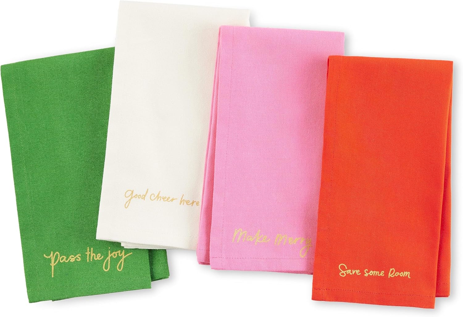 kate spade new york Holiday Cheers Cloth Napkins 4-Pack Set, 100% Cotton with Metallic Holiday Quotes, Machine Washable, Multi, 20"x20"