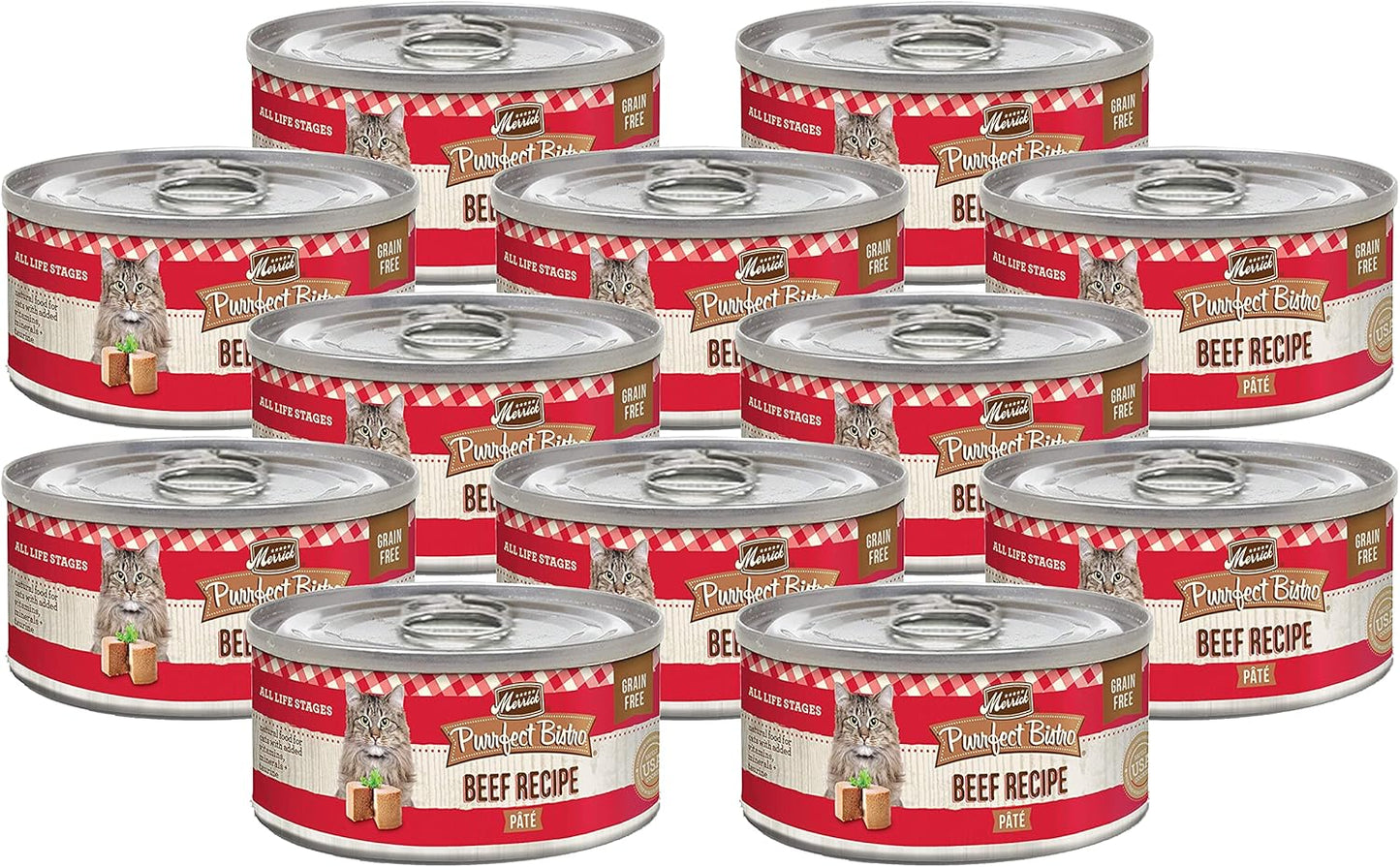 Merrick Purrfect Bistro Canned Wet Cat Food, Beef Recipe Pâté, Grain Free Natural Cat Food with Added Vitamins & Minerals for All Life Stages, 3 OZ Can (Pack of 12)