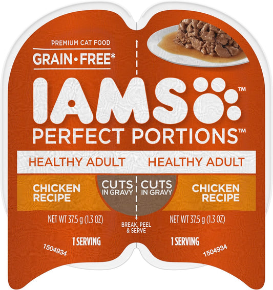 IAMS PERFECT PORTIONS Healthy Adult Grain Free* Wet Cat Food Cuts in Gravy, Chicken Recipe, 1.3 Ounce (Pack of 48). Easy Peel Twin-Pack Trays