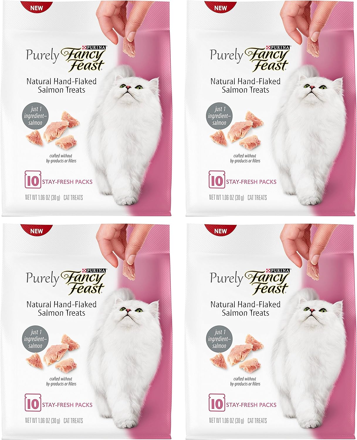 Fancy Feast Cat Treats - Natural Hand-Flaked Salmon Treats - 10 Count Treats Per Pouch - Pack of 4 Pouches