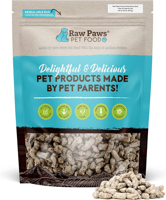 Raw Paws Freeze-Dried Green Beef Tripe for Dogs & Cats, 16 oz - Made in USA Green Beef Tripe Dog Food - Free-Range Cow Tripe Without Added Steroids or Antibiotics - Raw Freeze-Dried Green Tripe