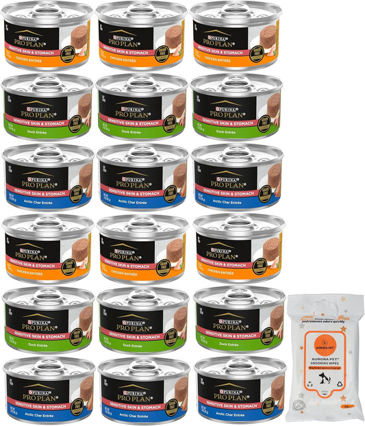 Aurora Pet Variety (18) Pro Plan Focus Sensitive Skin & Stomach Chicken, Duck & Arctic Char Variety Pack Canned Cat Food, (3-oz Each) with AuroraPet Wipes