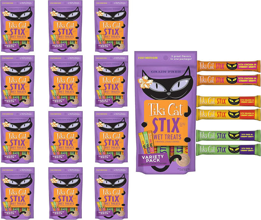 Tiki Cat Stix Wet Treats, Grain Free Lickable Silky Smooth Blend in Creamy Gravy - Chicken, Salmon and Duck with 10ct Pet Wipes