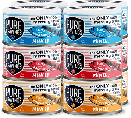 Pure Cravings Minced Tuna Wet Canned Cat Food, 100% Mercury-Tested, Moist Can Fish for Cats, Grain-Free, Protein, Non-GMO, Variety Pack, 3oz, Pack of 12