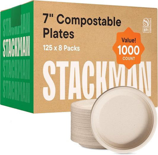 100% Compostable Paper Plates 7 Inch [1000 Count] Heavy-Duty Dessert Plates - Natural Brown Color Unbleached Bagasse - Eco-Friendly Disposable Biodegradable Sugarcane Plates - [Bulk Case 8\/125 Pack]