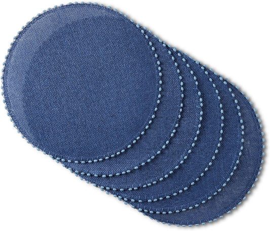 Martha Stewart Woven Water Resistant Lindos Placemat Set 6-Pack, 15" Round, Navy Blue