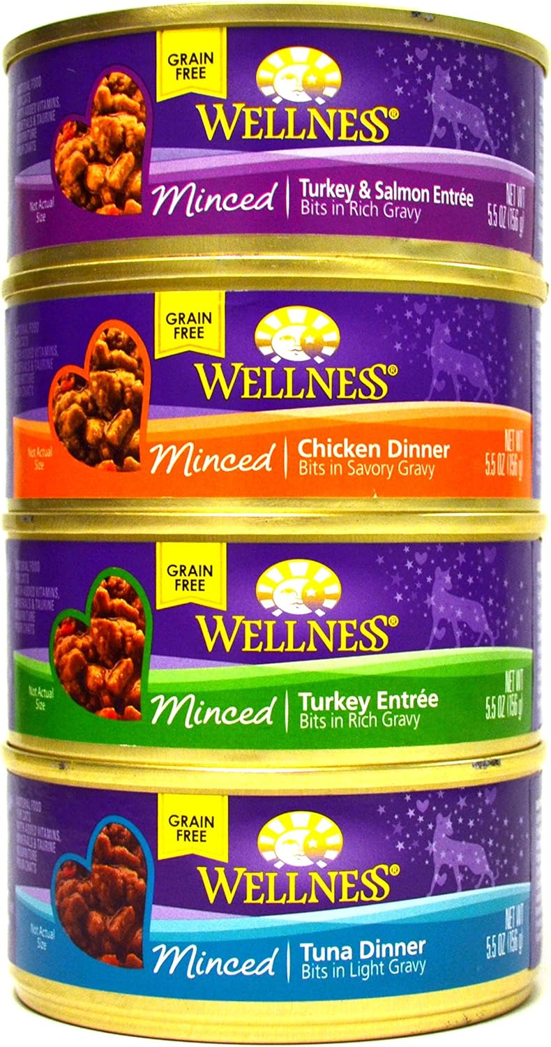 Wellness Minced Grain-Free Wet Cat Food Variety Pack - 4 Flavors (Tuna, Turkey, Chicken, and Turkey & Salmon) - 12 (5.5 Ounce) Cans - 3 of Each Flavor