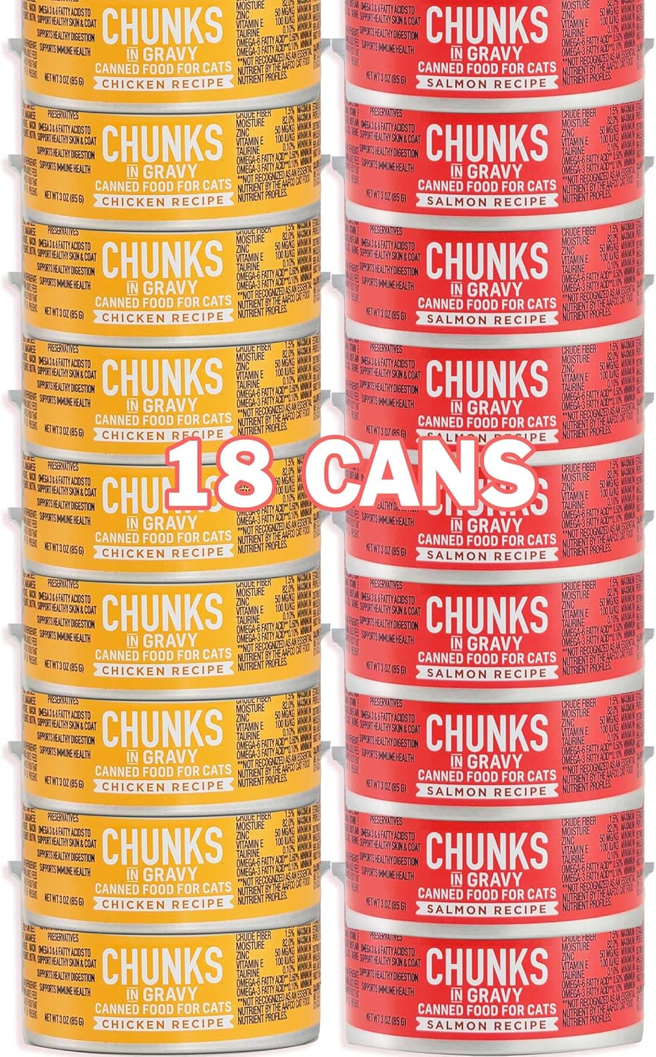 Kirkland Signature Chunks in Gravy Variety 18 Cans Wet Cat Food | Salmon & Chicken Recipes | Each Can Net Wt 3 OZ (85 G)