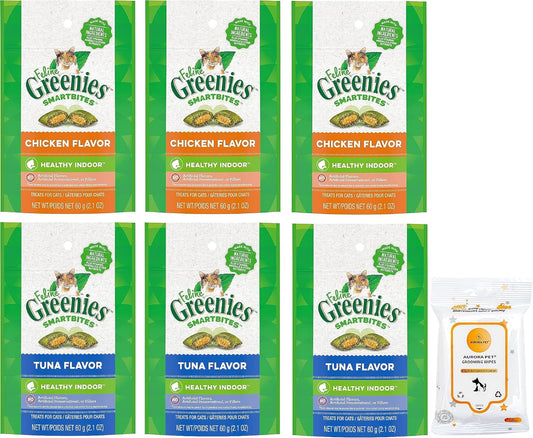 Aurora Pet Variety Pack (6) SmartBites Healthy Indoor Natural Soft & Crunchy Cat Treats (3) Tuna (3) Chicken with AuroraPet Wipes