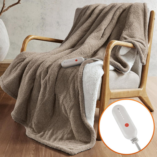 Sharper Image Heated Blanket, Eletric Throw Blanket, Soft, Warm, Reversible Feathersoft - Sherpa Heating Blanket Throw, 5 Lv Heating, 3 hr Auto Shut Off, ETL-Cert, Machine Washable, 50x60 Brown