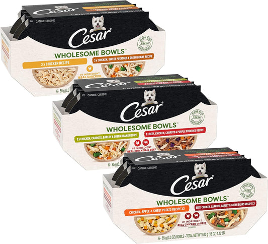 Cesar Wholesome Bowls Adult Soft Wet Dog Food Toppers Variety Pack Bundle | 6 Flavors, 3 Ounce Each (18 Total Bowls)