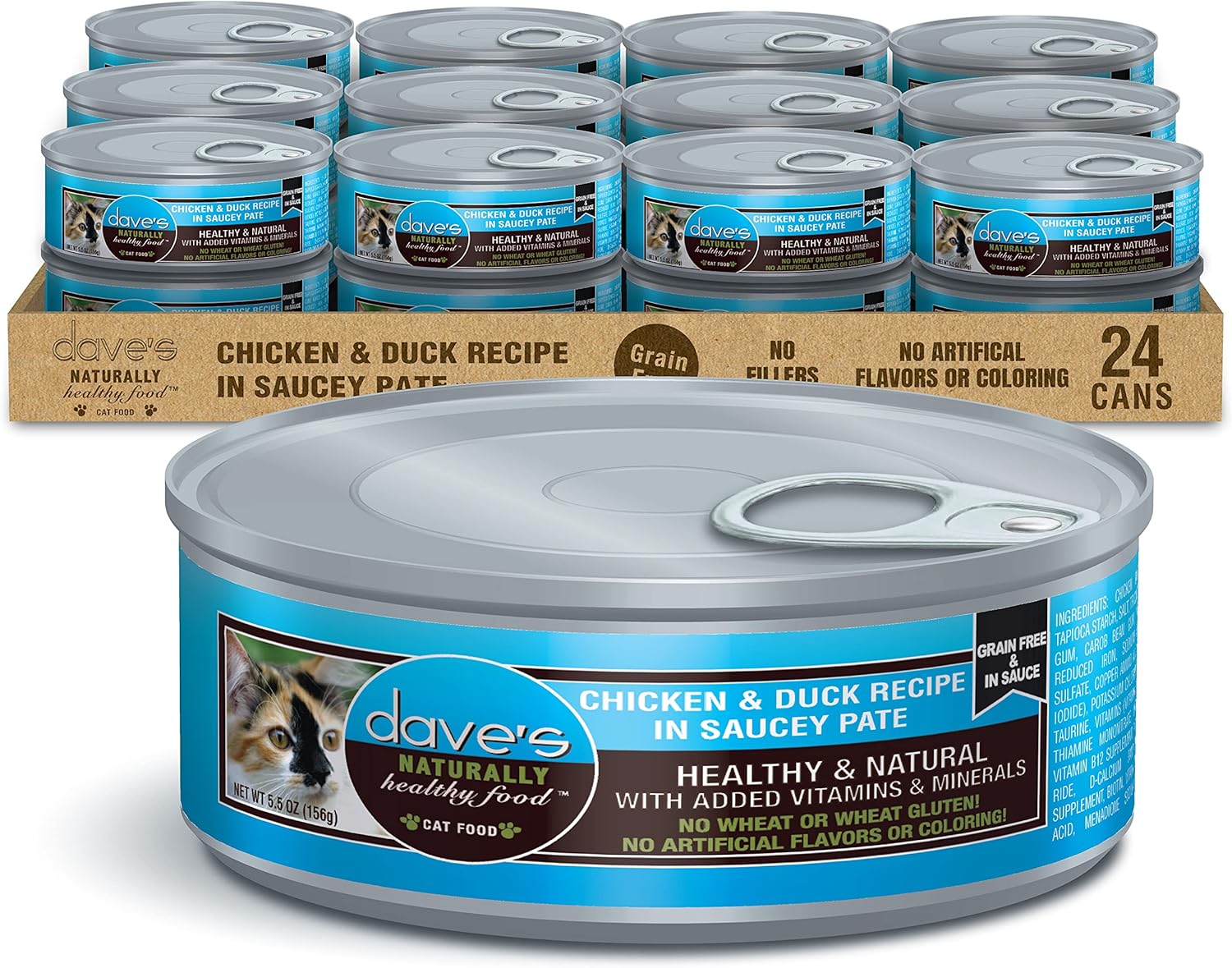 Dave's Pet Food Grain Free Wet Cat Food (Chicken & Duck Saucey Pate), Naturally Healthy Canned Cat Food, Added Vitamins & Minerals, Wheat & Gluten-Free, 5.5 oz Cans (Case of 24)