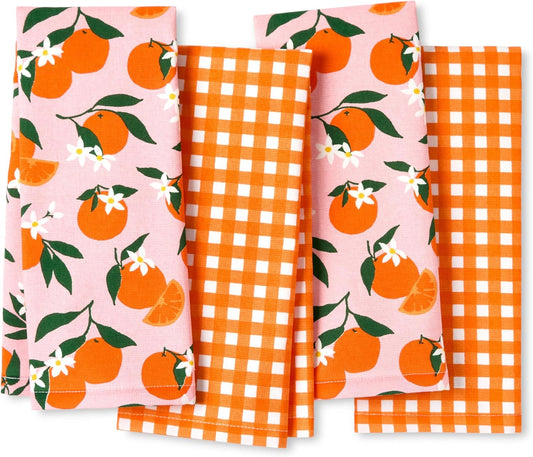 Kate Spade New York Squeeze The Day and Spring Gingham Kitchen Towels 4-Pack Set, Absorbent 100% Cotton, Orange\/Pink, 17"x28"