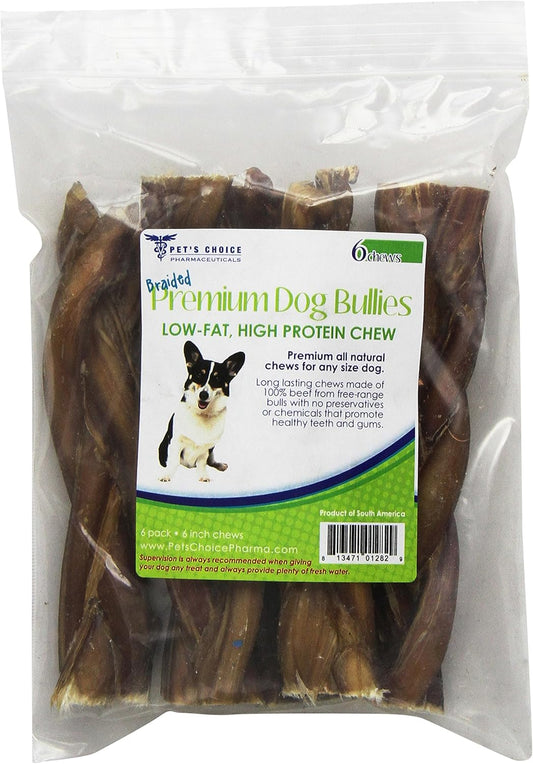 Pet’s Choice Naturals Braided Bully Sticks, Cow Pizzle Chew Treat for Dogs, 7-8" 6 ct