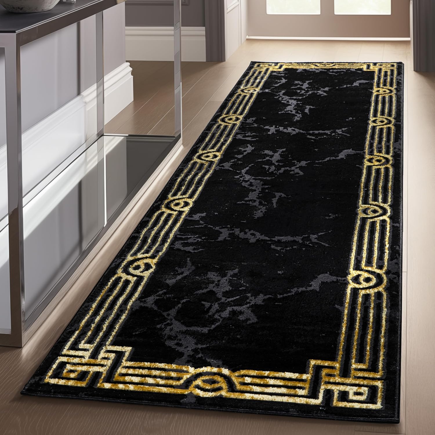 Well Woven Lezlee Abstract Modern 2'3" x 7'3" Runner - Black Gold Marble Border Elegant & Soft Rug - Perfect for Hallway, Entryway, Kitchen