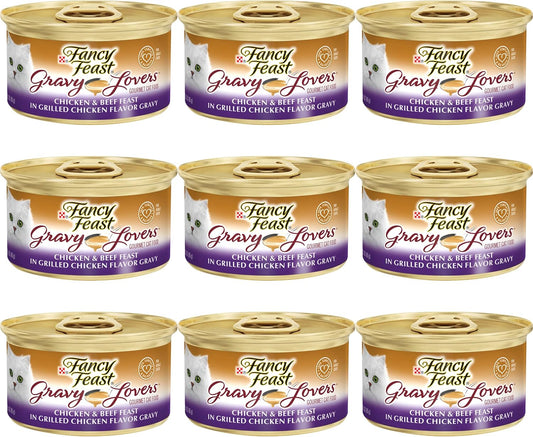 Fancy Feast Gravy Lovers Wet Cat Food (Pack of 12) | Gravy Lovers Chicken & Beef Feast in Grilled Chicken Flavor Gravy Dry Cat Food 3 Oz. (12 cans)