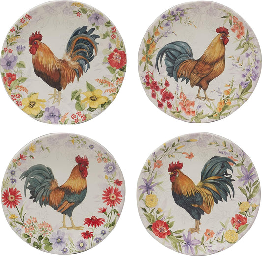 Certified International Floral Rooster 9" Salad/Dessert Plates, Set of 4 Assorted Designs, Multicolor