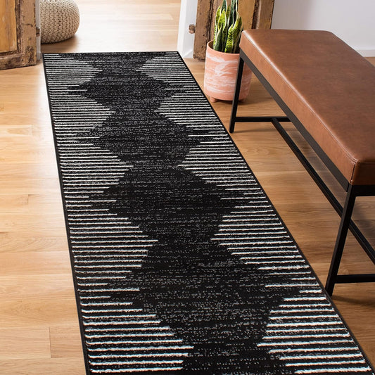 Rugshop Bohemian Stripe Stain Resistant High Traffic Living Room Kitchen Bedroom Dining Home Office Runner Rug 2' x 10' Black