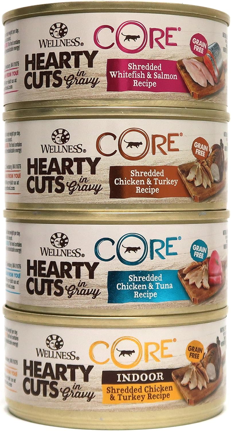 Wellness CORE Hearty Cuts Natural Grain Free Wet Canned Cat Food Variety Pack - 4 Flavors - 5.5-Ounce Cans (3 of Each Flavor - 12 Total Cans)