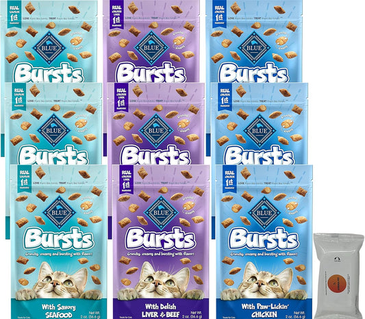 Aurora Pet Variety Pack (9) Blue Bursts Crunchy Cat Treats (3) Paw-Licken Chicken (3) Savory Seafood (3) Liver & Beef (2-oz Each) with AuroraPet Wipes