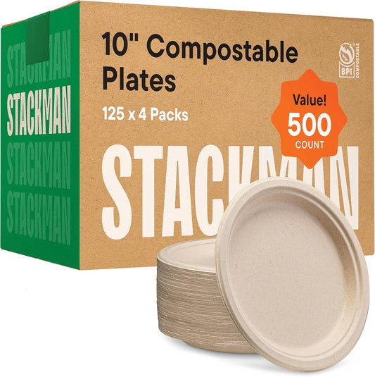 100% Compostable Paper Plates 10 Inch Bulk [500 Count] Heavy-Duty Dinner Plates - Natural Brown Color Unbleached Bagasse - Eco-Friendly Disposable Biodegradable Sugarcane Plates - [Case 4\/125 Pack]