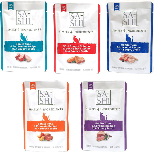 Sa-Shi Grain Free Wet Cat Food Pouches 1.76oz. Five Flavors (Variety Pack)