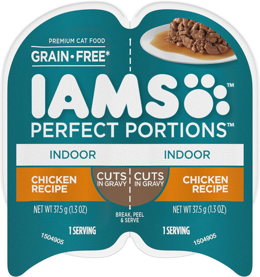 IAMS PERFECT PORTIONS Indoor Adult Grain Free* Wet Cat Food Cuts in Gravy, Chicken Recipe, (24) 2.6 oz. Easy Peel Twin-Pack Trays