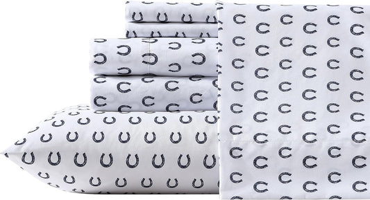 Wrangler- Queen Sheet Set, Silky & Lightweight Bedding Set, Yellowstone Inspired, Casual Home Décor (Horseshoe Dots Navy, Queen)