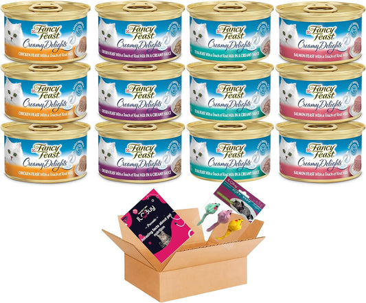 Fancy Feast Creamy Delights Variety Pack, 04 Flavors(3 cans Each), Bundle Includes a ILC Buy Kit Mouse Toy and a Pet Nutrition Booklet