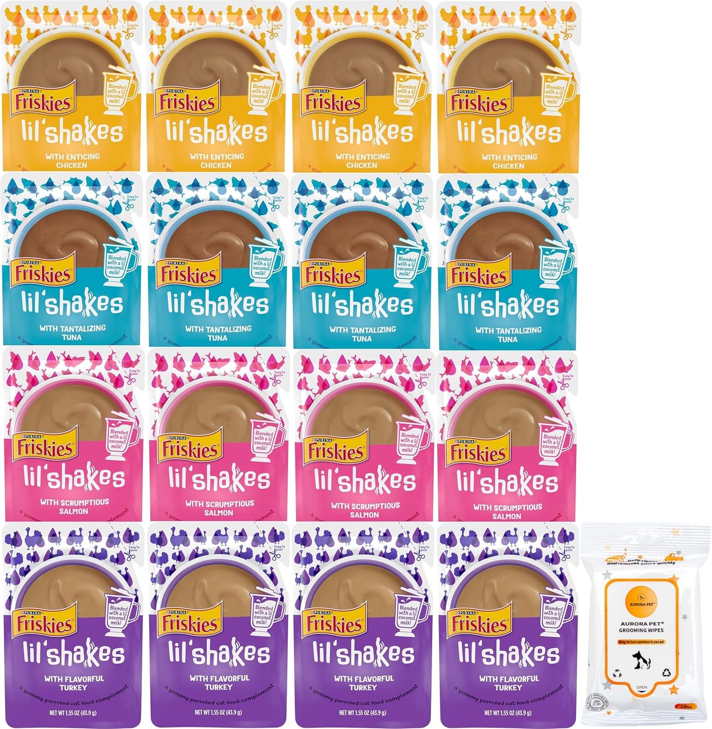 Aurora Pet Variety (16) Lil' Shakes Pureed Topper Lickable Cat Food (4) Chicken (4) Turkey (4) Salmon (4) Tuna (1.55-oz Each) with AuroraPet Wipes