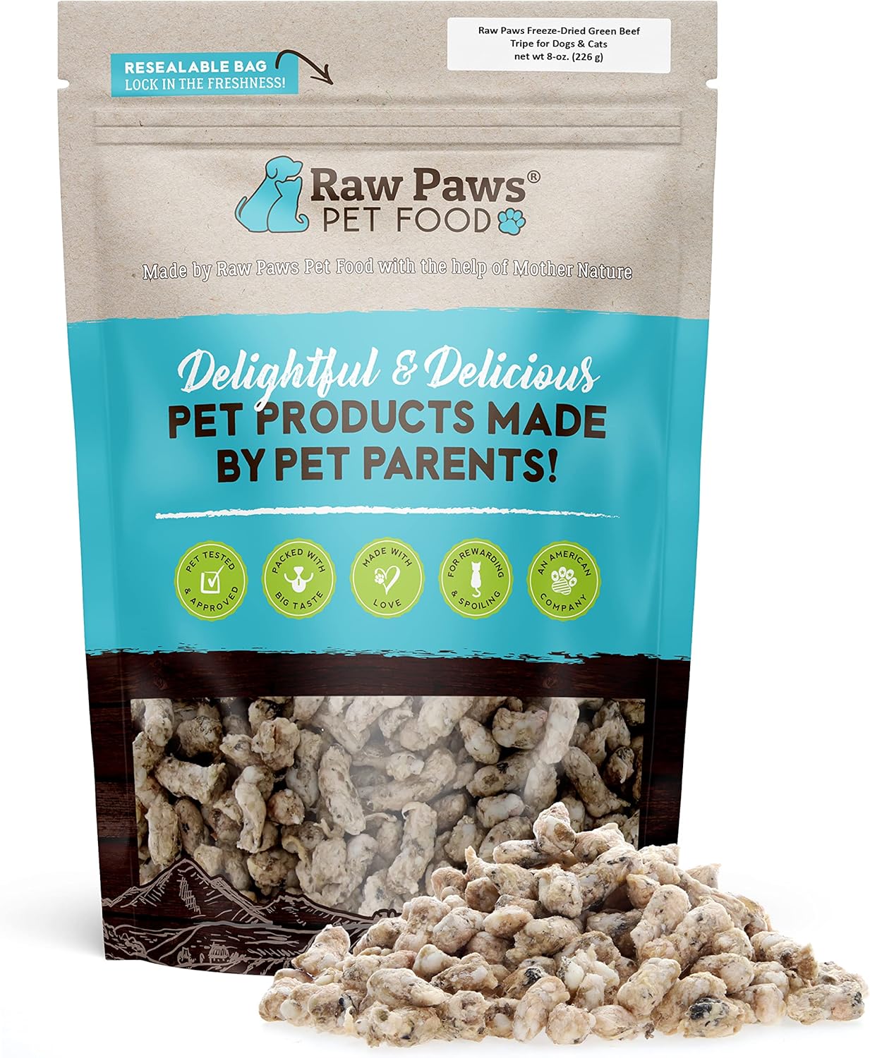 Raw Paws Freeze-Dried Green Beef Tripe for Dogs & Cats, 8-oz - Made in USA - Raw Freeze Dried Dog Treats - Free-Range Cows - Grain & Wheat Free Beef Green Tripe Cat Treats - Raw Tripe Treats for Dogs