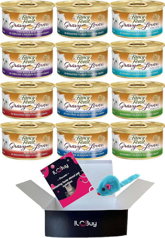 Fancy Feast Gravy Lovers Bundle, 2 Turkey, 2 Ocean Whitefish, 2 Salmon & Sole, 2 Beef, 2 Salmon Feast , & 2 Chicken & Beef. Each can is Total of 12 cans and Mouse Toy., 3 Ounce (Pack of 12)